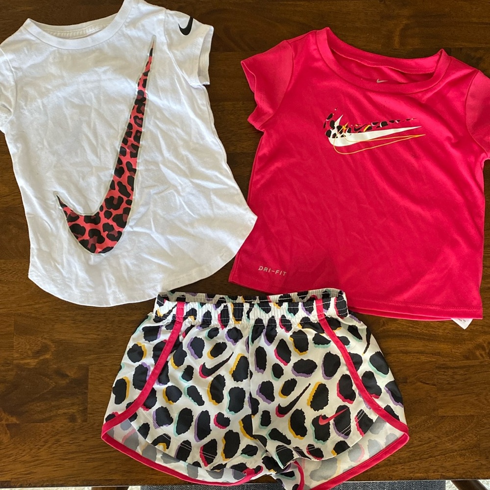 3 piece Nike pink leopard shorts and tees for baby girl size 18-24 mo